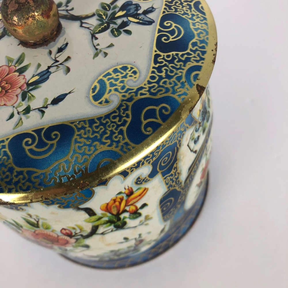 VTG Daher England Floral Tin Canister Blue Gold Chinoiserie 11101 5.5 inch - Picture 10 of 11